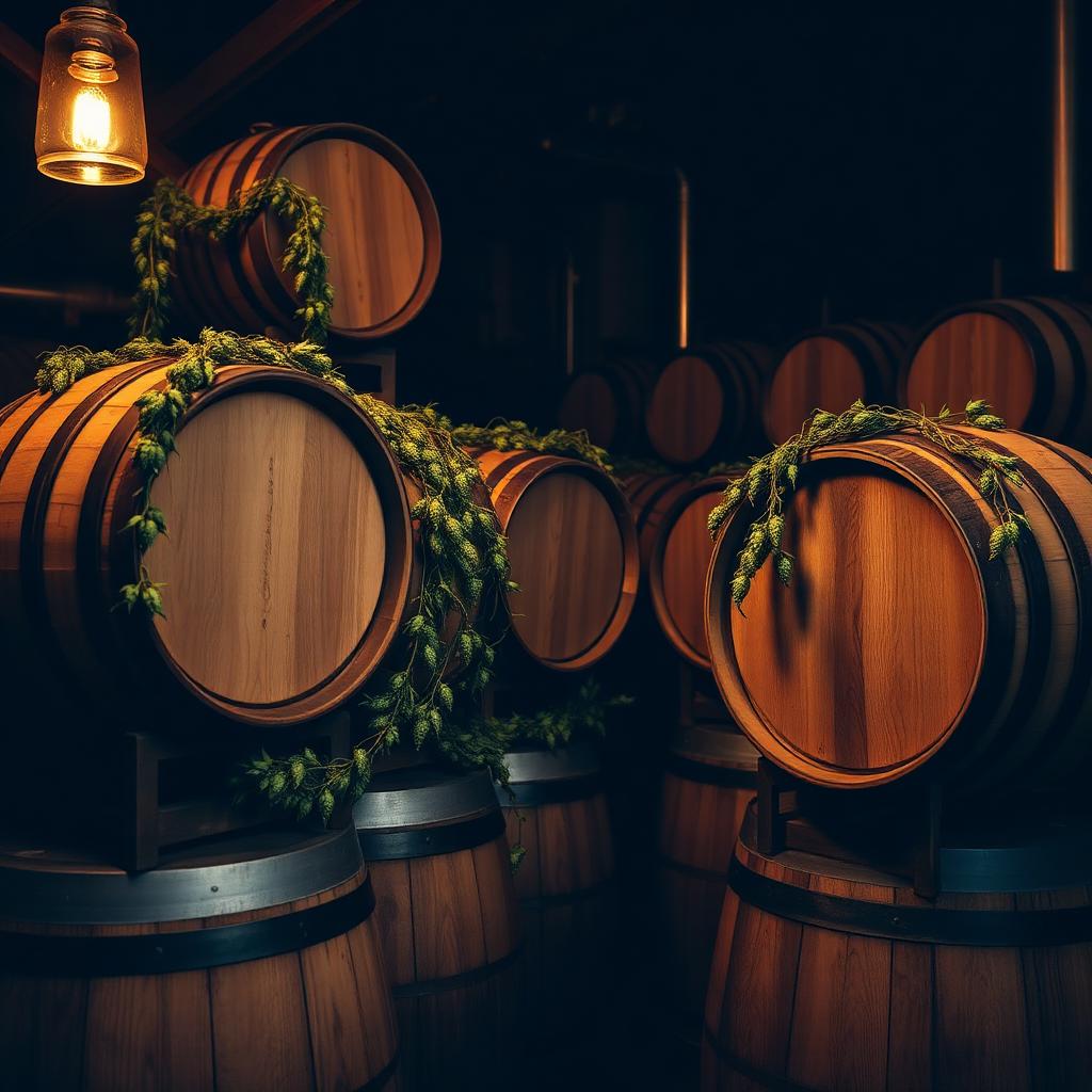 Wooden barrels wrapped in hop garlands inside the brewery